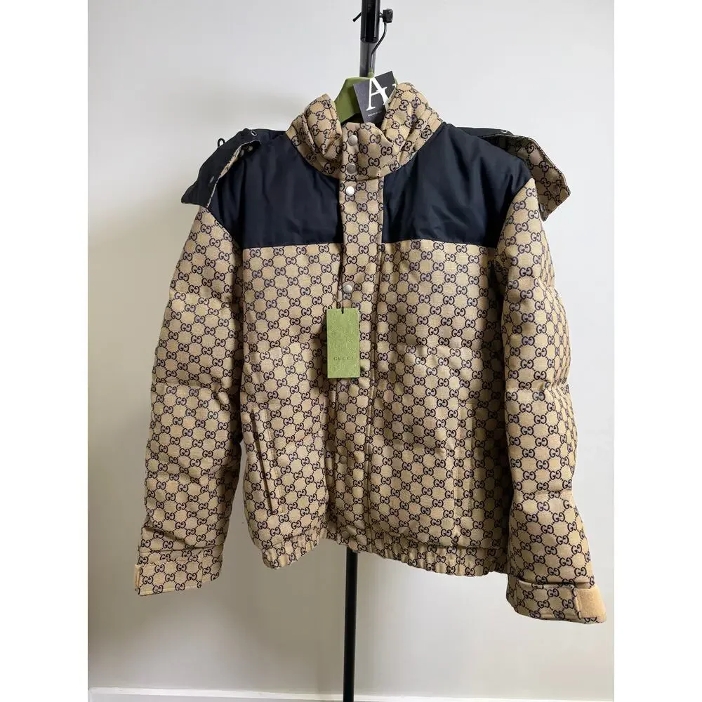 Gucci GG Monogram Down Jacket Navy Beige NWT Size 52 XL Hooded Puffer